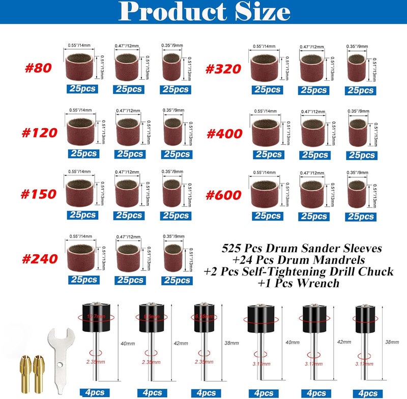 Tnisesm 552Pcs Aluminum Oxide Sanding Drum Set,Including 525 Pieces 80 120 150 240 320 400 600 Grit Drum Sander Sanding Sleeves and 24 Pieces Drum Mandrels for Dremel Rotary Tool,Sanding Drums - Image 2